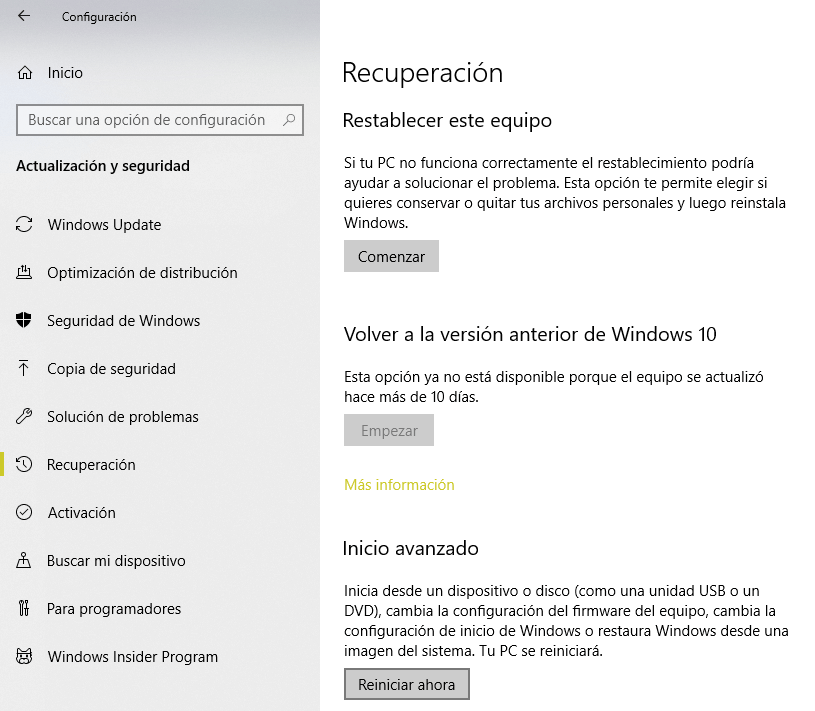 windows 10 configuración de recuperacion