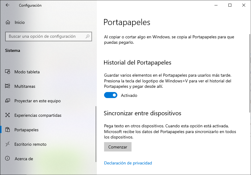portapapeles configuración