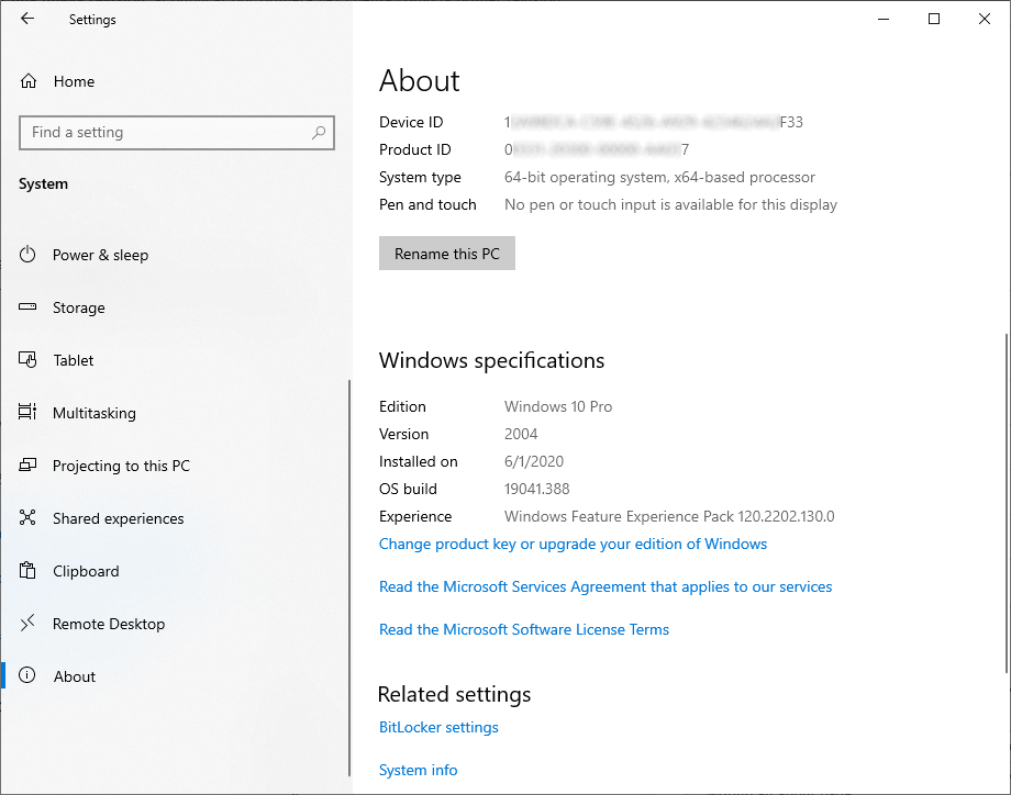windows 10 about related settings