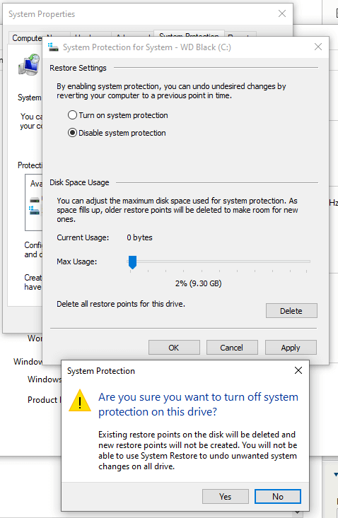windows 10 disable system protection warning