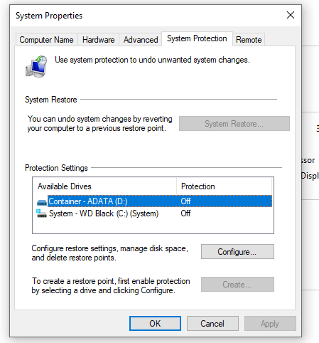 windows 10 system protection
