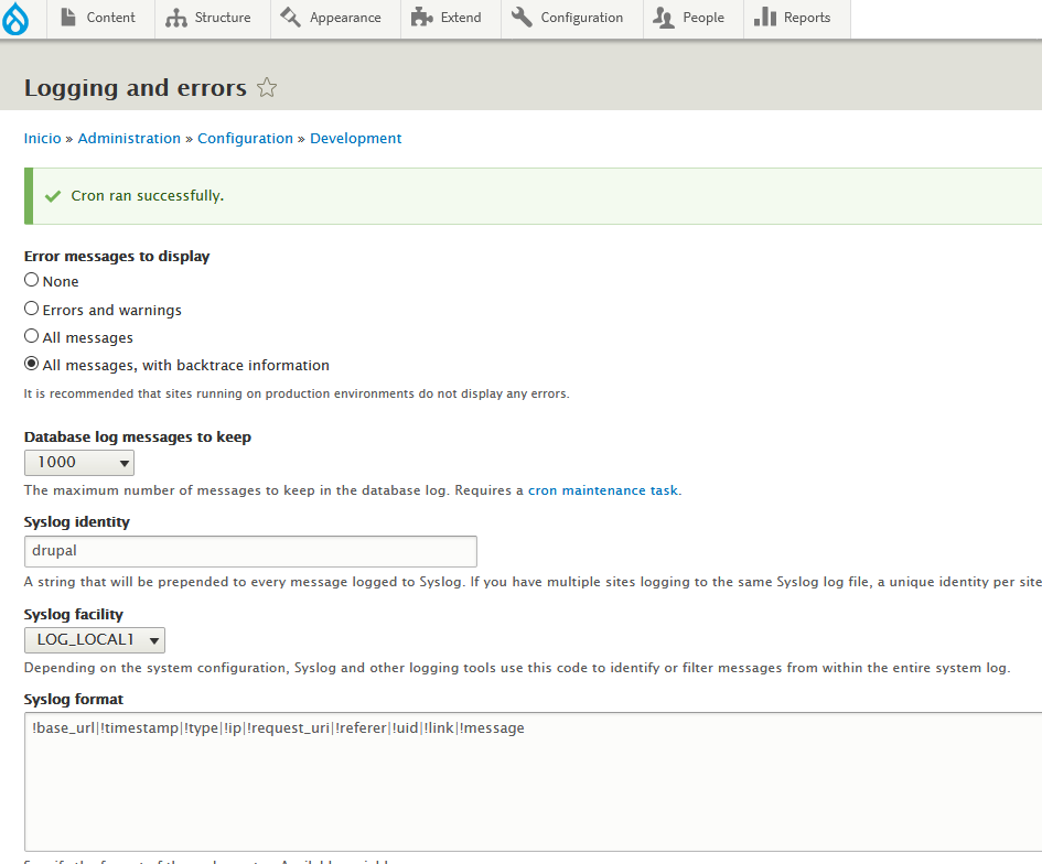 drupal config dev syslog