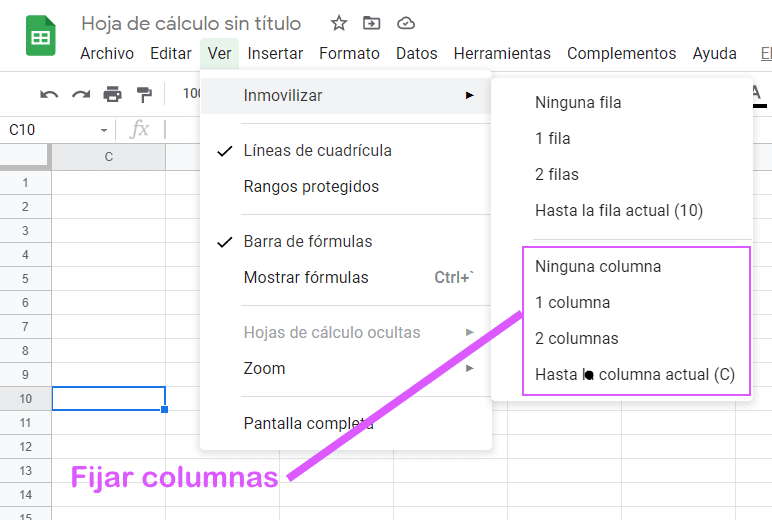 google sheets fijar columnas en menu