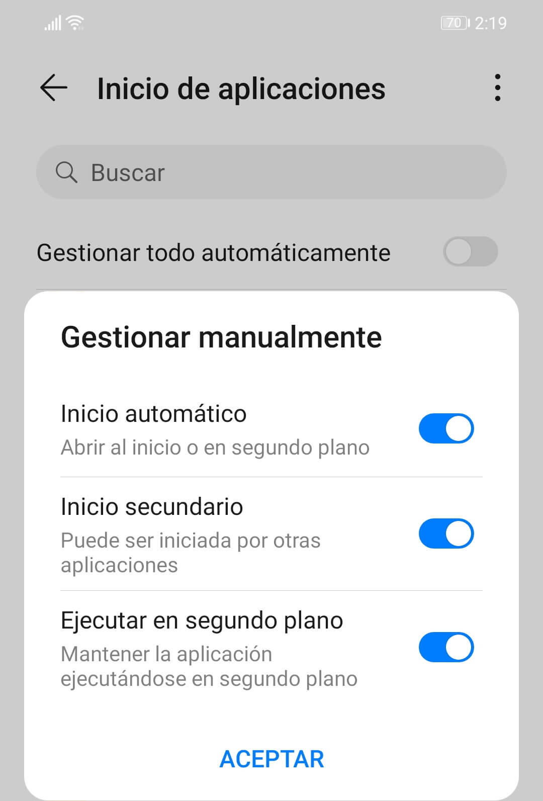 android inicio de aplicaciones gestionar manualmente
