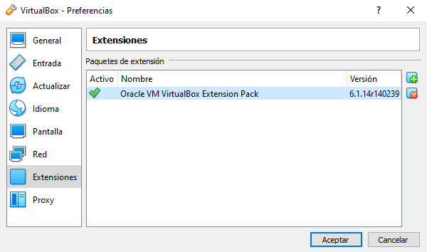 virtualbox lista de extensiones