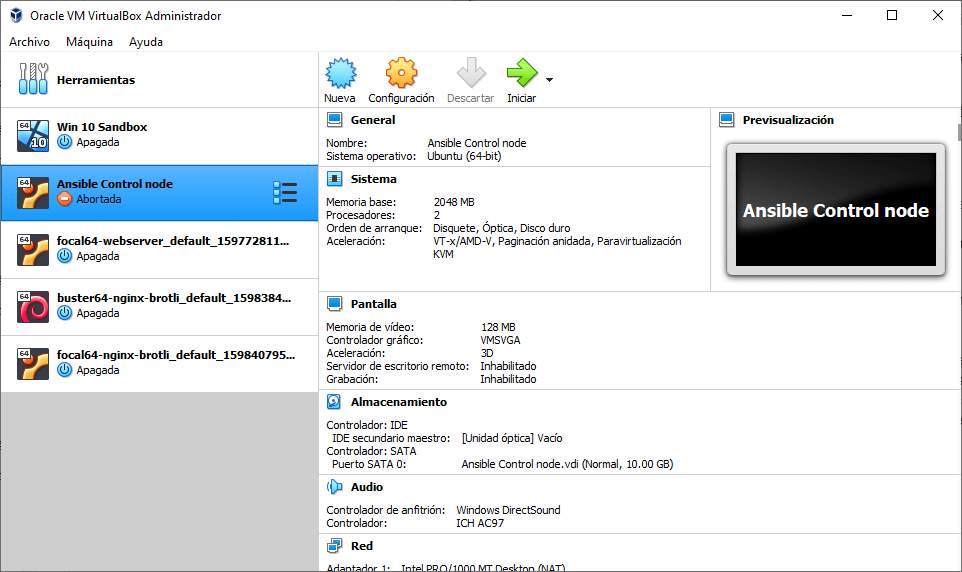 interfaz principal de virtualbox