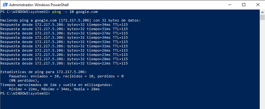powershell ping 10 solicitudes a google.com