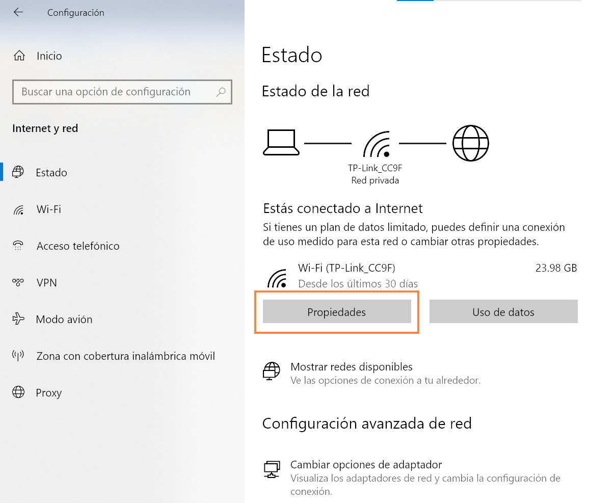Windows 10 Estado de la red