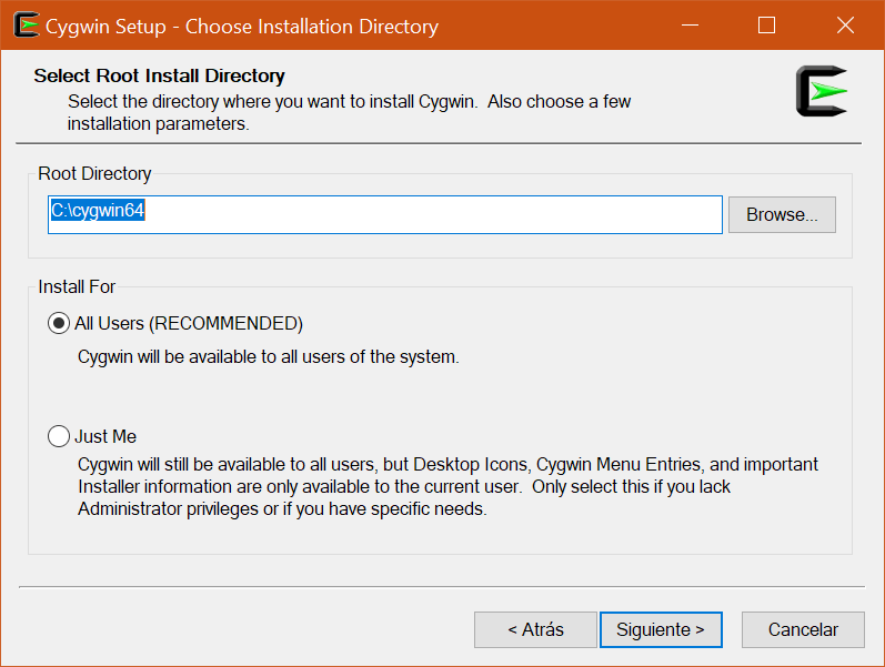 cygwin installer root directory