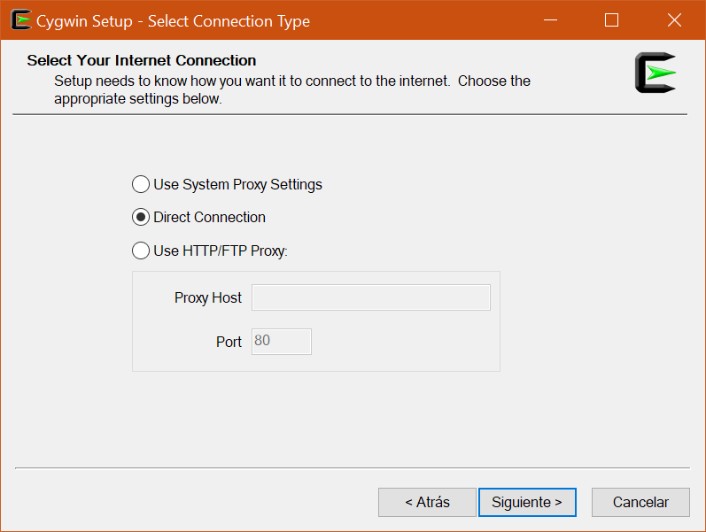 cygwin installer connection type
