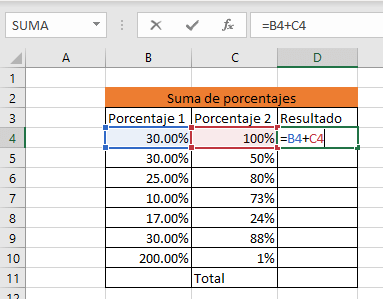excel ejemplo suma de porcentajes paso 2