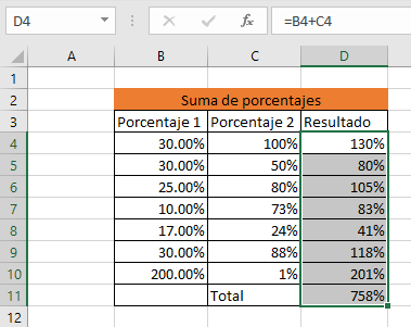 excel ejemplo de suma de porcentajes resultado con formato