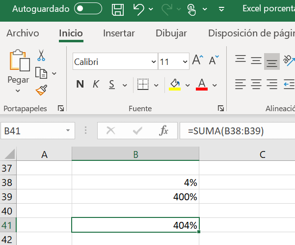 excel suma de porcentajes