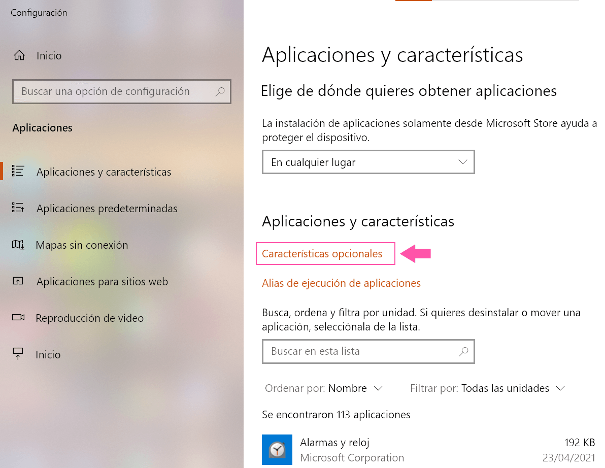windows 10 aplicaciones y caracteristicas opcionales