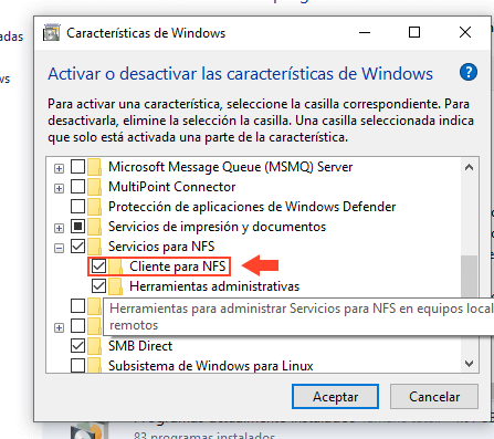 windows 10 caracteristicas opcionales cliente nfs