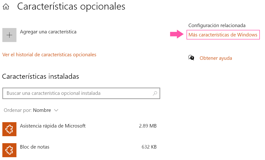 windows 10 caracteristicas opcionales