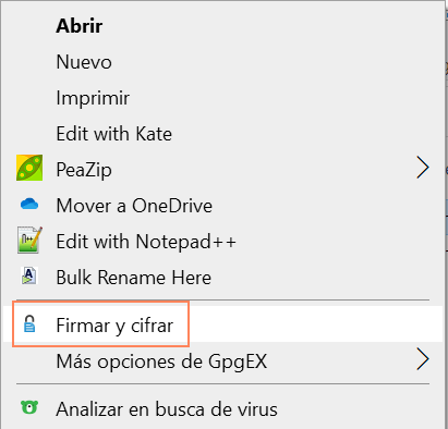 kleopatra menu contextual firmar y cifrar