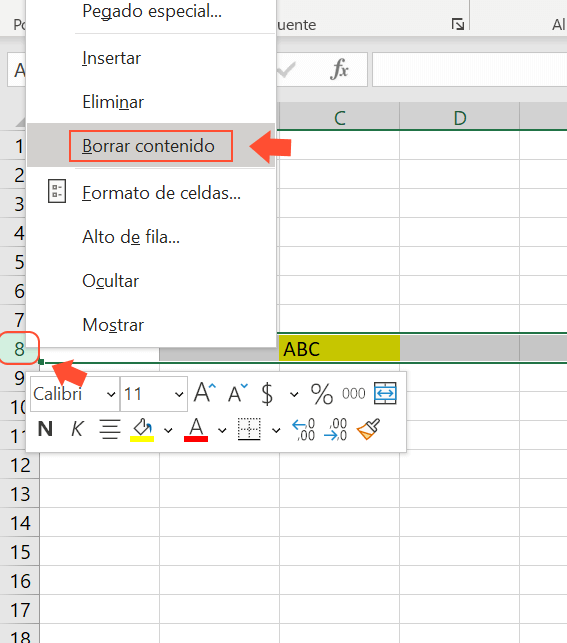 excel borrar contenido de fila