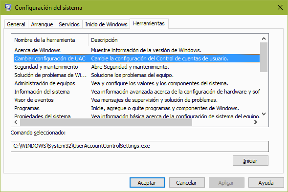 msconfig uac herramientas seleccionado