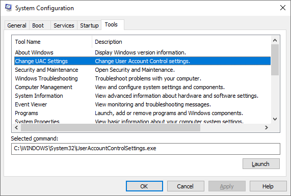 msconfig tools uac selected