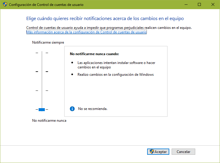 uac no notificar nunca