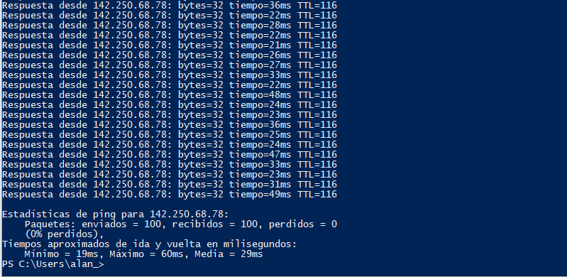 powershell ping parametro n google