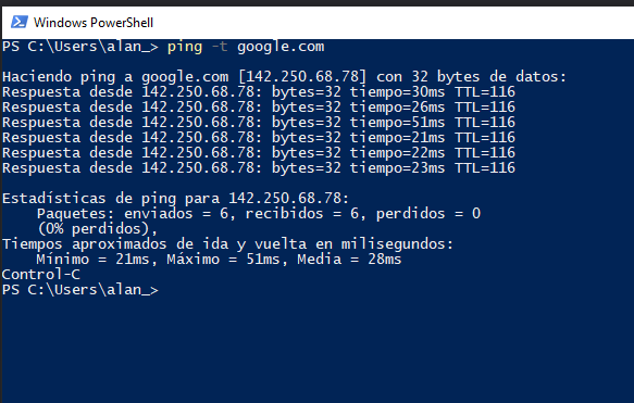 powershell ping parametro t google